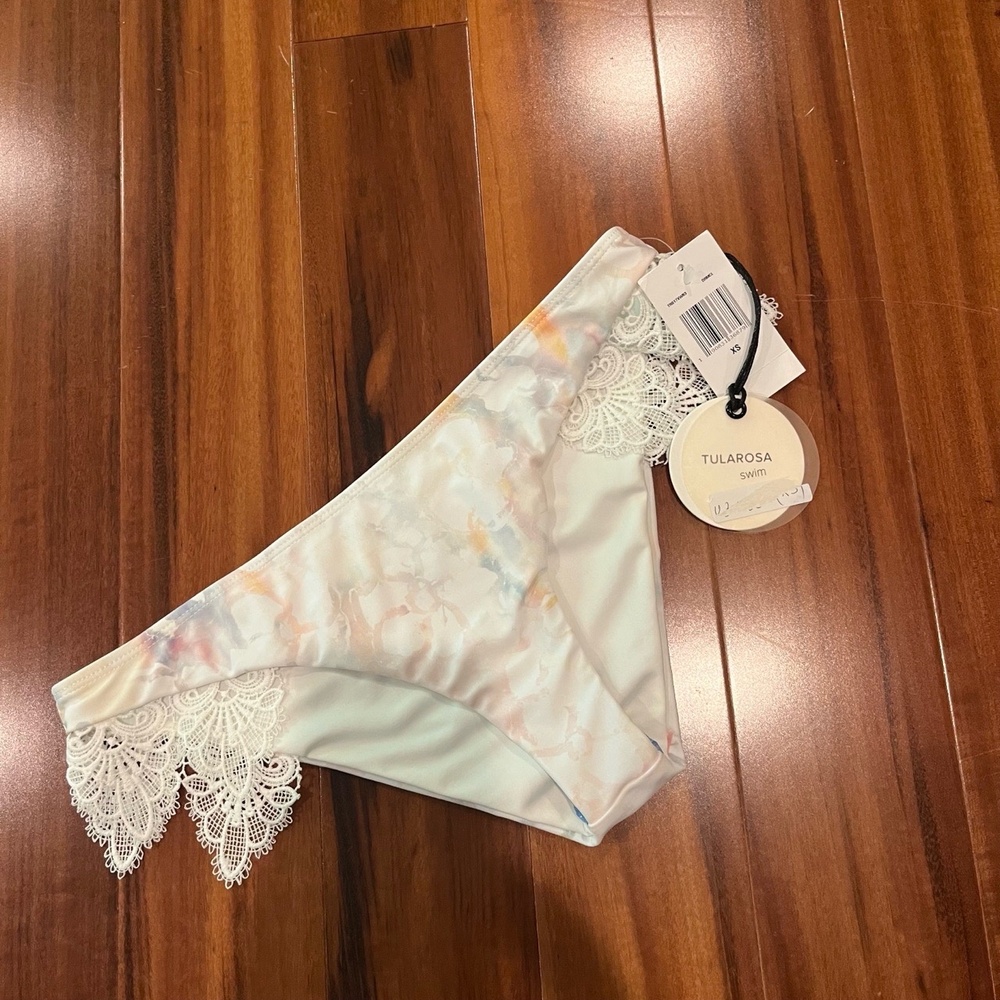 New NWT TULAROSA Abril White Bikini Swim Bottom Lace Trim Floral Multi Size XS